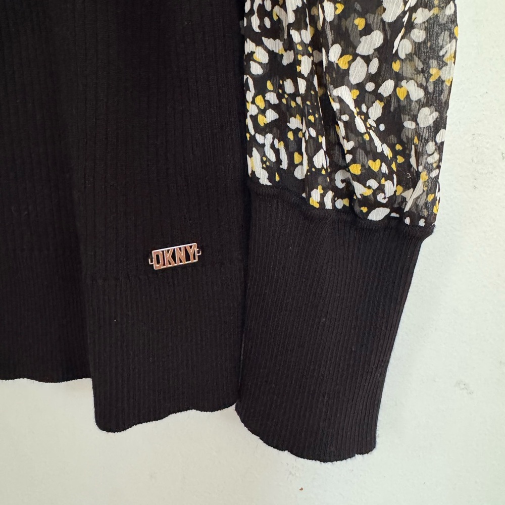 DKNY Black Ribbed Sweater with Printed Puff Sheer Sleeves Office Work Sz XL - Picture 4 of 6